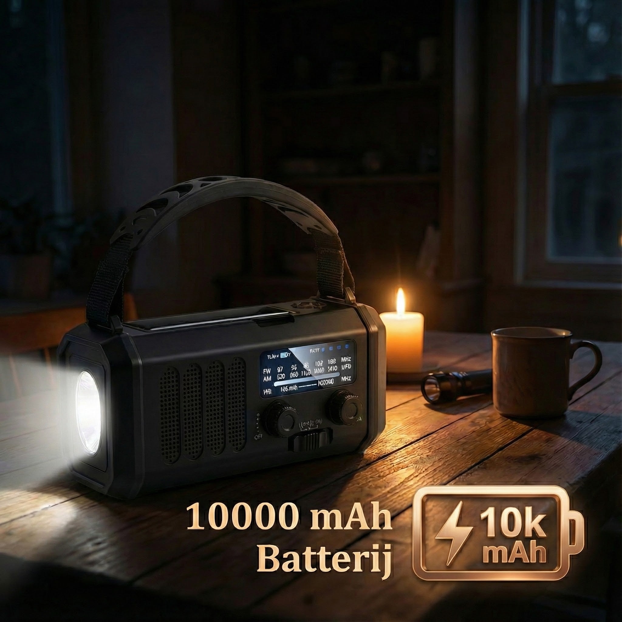 Noodradio zonnepaneel en handslinger detail | Veiligbereid®