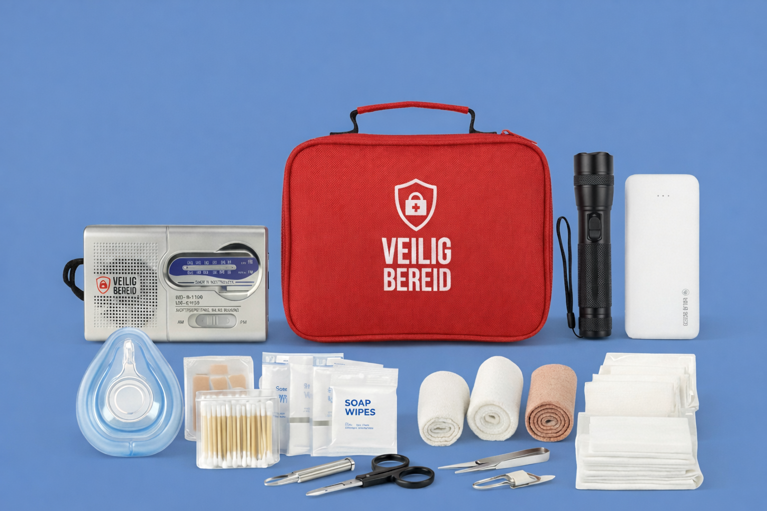 Veiligbereid® Thuisbasis Bundel — Noodpakket + Radio + Powerbank + Zaklamp