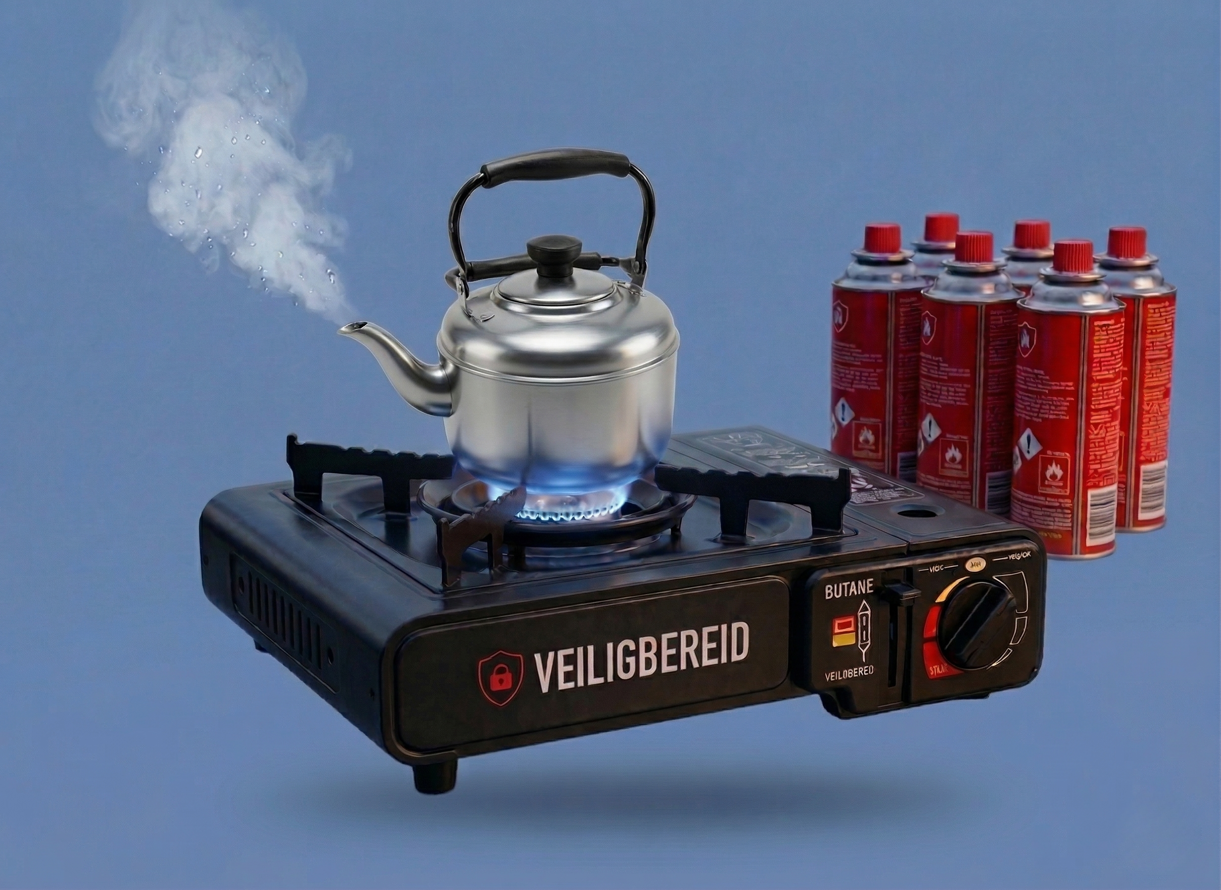 Veiligbereid® Complete Outdoor & Noodset – Draagbaar Gasfornuis met Theepot – Incl. Gas & Opbergkoffer