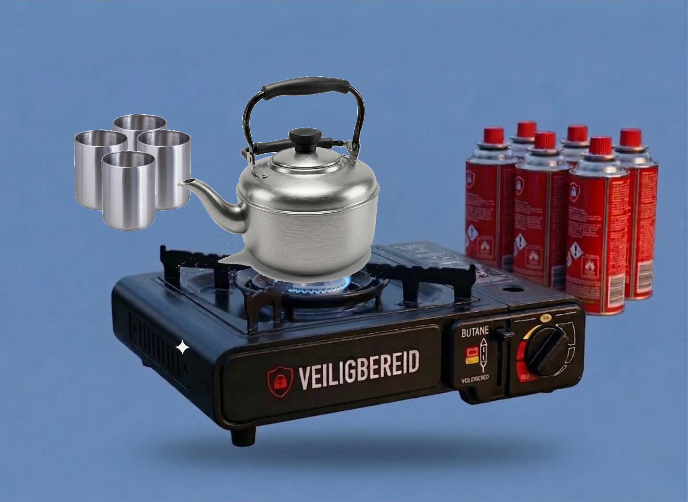 Veiligbereid® Complete 4-Persoons Noodkookset – Gasfornuis + Theepot & 4 RVS Bekers – Incl. Koffer & 1 Gaspatroon